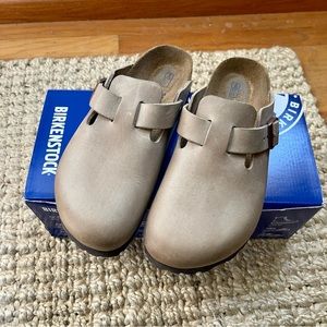 Birkenstock Boston Mules Clogs Tobacco Taupe Leather